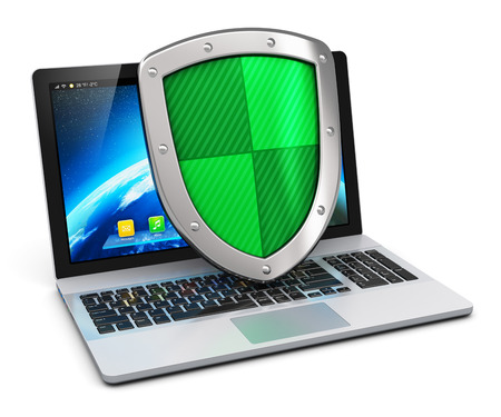 Creative abstract computer internet security networking and business communication antivirus concept  modern laptop with protection shield isolated on white backgroundの写真素材