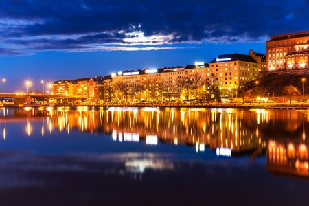 Scenic night panorama of sea pier in Hakaniemi district in Helsinki, Finlandの写真素材