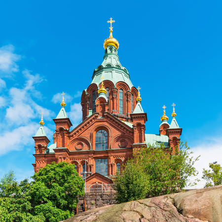 Scenic summer view of Uspenski Orthodox Christian Cathedral Church in Helsinki, Finlandの写真素材