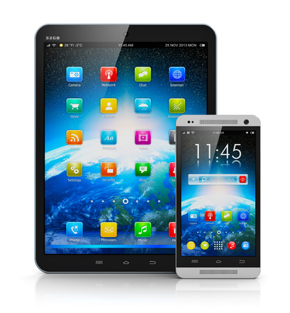 Creative abstract mobility and modern wireless telecommunication technology business concept  tablet computer PC and metal black glossy touchscreen smartphone with colorful interface isolated on white backgroundの写真素材