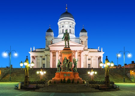 Famous landmark in Finnish capital  scenic night summer view of Senate Square with Lutheran cathedral and monument to Russian Emperor Alexander IIの写真素材