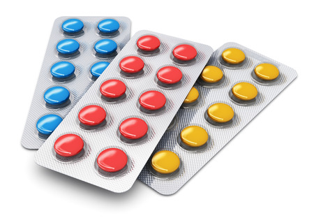Creative abstract medical healthcare concept  set of color pills or tablets in plastic blister packs isolated on white backgroundの写真素材