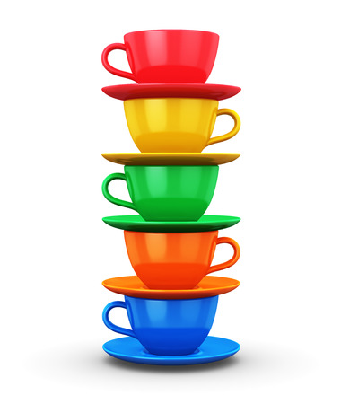 Pile from color porcelain coffee cups or drink mugs with saucers isolated on white backgroundの写真素材
