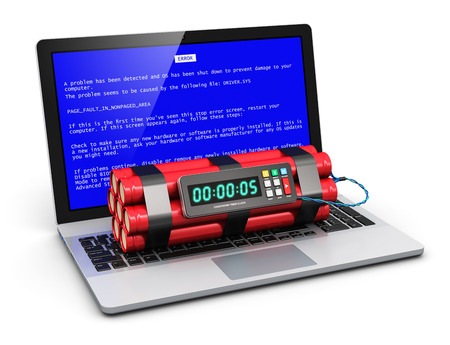 Business laptop or office notebook computer PC with error message on blue screen and time bomb on...