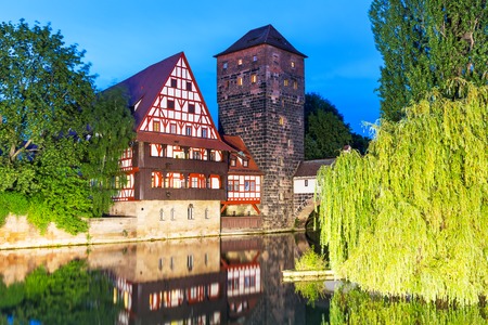 Scenic summer night view of the Old Town pier architecture in Nuremberg, Germanyの写真素材