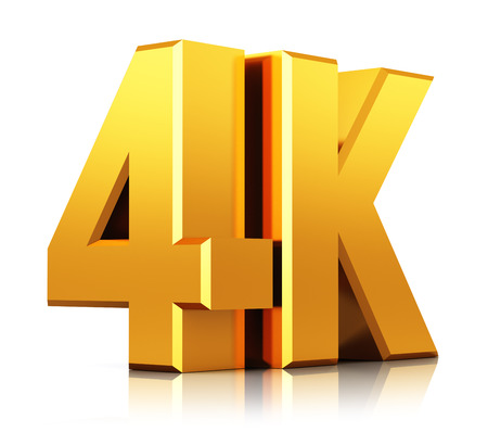 Creative abstract ultra high definition television technology concept  yellow golden 4K UltraHD TV logo sign or symbol icon isolated on white background with reflection effectの写真素材