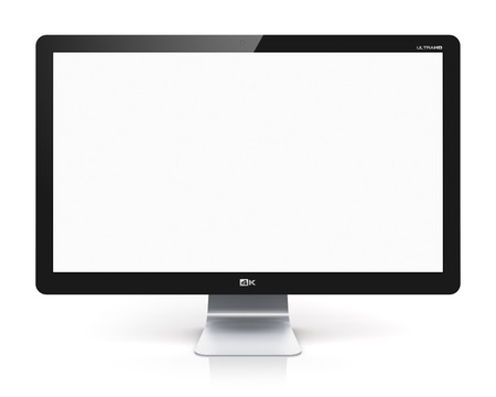 Creative abstract digital technology business concept  blank TV or computer PC monitor display with empty screen isolated on white background with reflection effectの写真素材