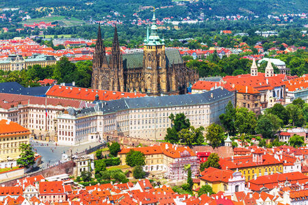 Scenic summer aerial view of Saint Vitus Cathedral church architecture in the Old Town of Prague, Czech Republicの写真素材