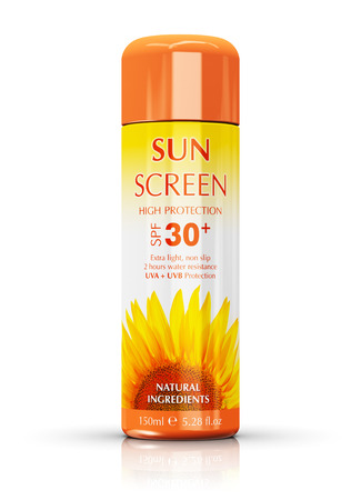 Orange sun skin care cosmetic bottle container spray isolated on white background with reflection effectの写真素材