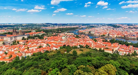 Scenic summer aerial panorama of the Old Town architecture in Prague, Czech Republic with Saint Vitus Cathedral, Vltava River and Charles Bridgeの写真素材