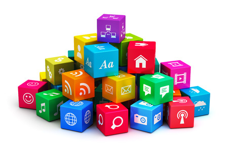 Creative abstract mobile applications, media computer technology and internet networking web communication concept: heap of colorful cubes with color app icons or buttons isolated on white backgroundの写真素材