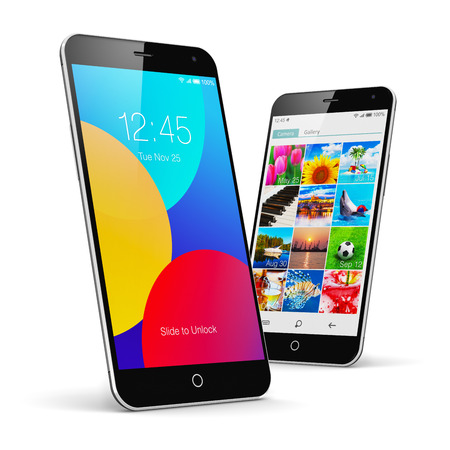 Creative abstract mobile phone wireless communication technology and mobility business office concept: group of modern metal black glossy touchscreen smartphones with colorful application interfaces with color icons and buttons isolated on white backgroun Creative abstract mobile phone wireless communication technology and mobility business office concept: group of modern metal black glossy touchscreen smartphones with colorful application interfaces with color icons and buttons isolated on white backgroun