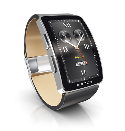 Creative abstract business mobility and modern mobile wearable device technology concept: digital smart watch or clock with color screen interface isolated on white background with reflection effectの写真素材