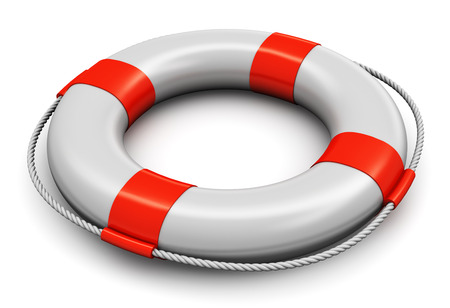 Red and white lifesaver belt isolated on white backgroundの写真素材
