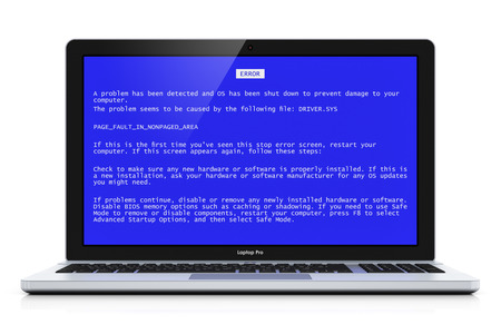 Business laptop or office notebook computer PC with OS critical error message on blue screen isolated on white background with reflection effect