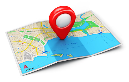 Creative abstract GPS satellite navigation, travel, tourism and location route planning business concept: color city map with red destination pointer marker icon isolated on white background Creative abstract GPS satellite navigation, travel, tourism and location route planning business concept: color city map with red destination pointer marker icon isolated on white background