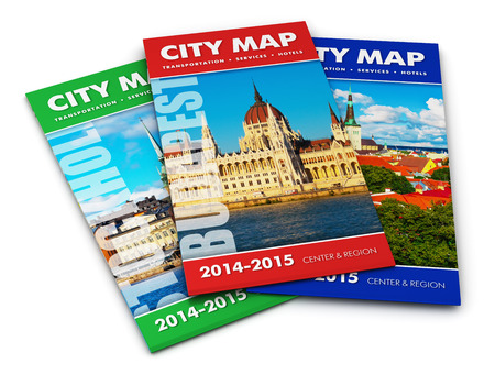 Creative abstract GPS satellite navigation, travel, tourism and location route planning business concept: set of color folded city maps isolated on white backgroundの写真素材