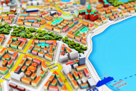 Creative abstract GPS satellite navigation, travel, tourism  and location route planning business concept: macro view of miniature color city map with 3D buildingsの写真素材