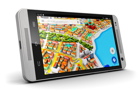 Creative abstract GPS satellite navigation, travel, tourism and location route planning business concept: modern black glossy touchscreen smartphone or mobile phone with wireless navigator map service internet application on screen isolated on whiteの写真素材