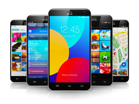 Creative abstract mobile phone wireless communication technology and mobility business office concept: group of modern metal black glossy touchscreen smartphones with colorful application interfaces with color icons and buttons isolated on white backgrounの写真素材