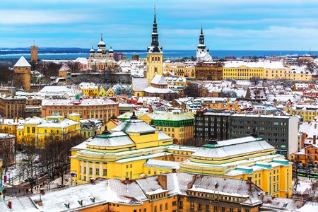 Scenic winter aerial view of the Old Town architecture in Tallinn, Estoniaの写真素材