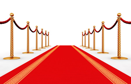 Creative abstract award ceremony and success in business concept: red carpet and golden chain barriers isolated on white backgroundの写真素材