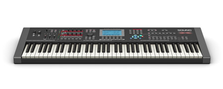 Creative abstract electronic music instrument and art creation concept: black professional digital musical piano synthesizer isolated on white backgroundの写真素材