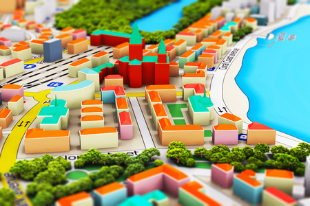 Creative abstract GPS satellite navigation, travel, tourism and location route planning business concept: macro view of miniature color city map with 3D buildings with selective focus effectの写真素材