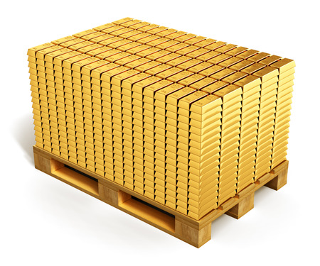 Creative abstract wealth, richness, business financial success, banking development and growth and money accounting concept: stacks of gold ingots or golden bars or bullions on wooden shipping pallet isolated on white backgroundの写真素材