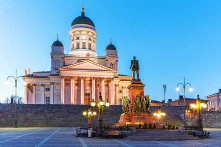 scenic evening summer view of Senate Square with Lutheran cathedral and monument to Russian Emperor Alexander II in the Old Town of Helsinki, Finlandの写真素材