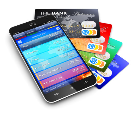 Creative abstract mobile banking, business finance and making money commercial technology concept: modern metal black glossy touchscreen smartphone with personal wallet application and group of color credit cards isolated on white background with reflectiの写真素材