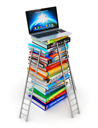 Creative abstract knowledge and electronic online internet web education business office concept: stack of color hardcover books with stepladders and laptop or notebook computer PC on top isolated on white backgroundの写真素材
