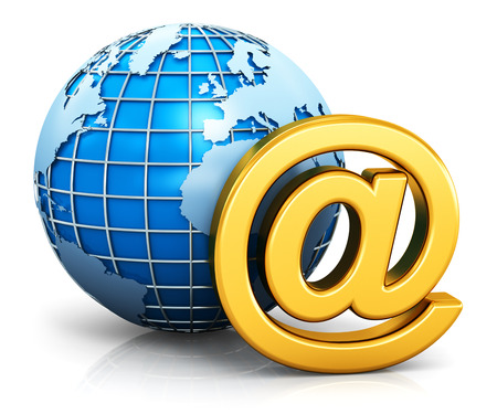 Creative abstract e-mail internet global communication web business concept: gold email AT symbol with blue world Earth globe isolated on white background with reflection effectの写真素材