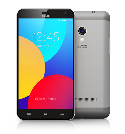 Creative abstract mobile phone wireless communication technology and mobility business office concept: group of modern metal black glossy touchscreen smartphones with colorful application interfaces isolated on white background with reflection effectの写真素材