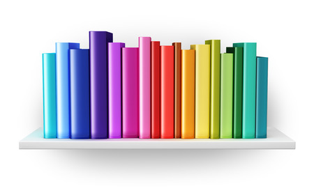 Creative abstract science, knowledge, education, back to school, business and corporate office life concept: bookshelf with rainbow color hardcover books isolated on white backgroundの写真素材