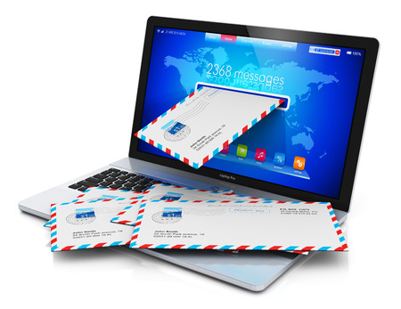 Creative abstract e-mail, spam and junk mail internet web concept: heap of letters in envelopes falling from screen of modern metal office laptop or silver business notebook computer PC isolated on white background with reflection effectの写真素材