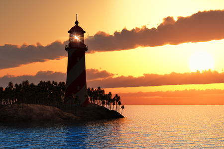 Beautiful scenery of red dramatic sunset with lighthouse on island in seaの写真素材