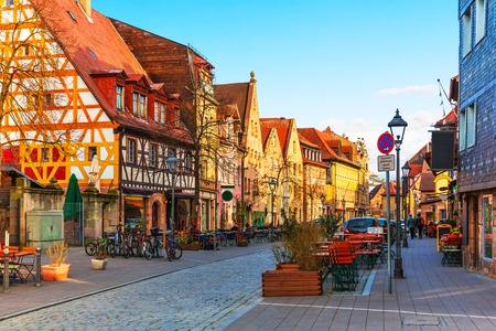 Scenic sunset view of ancient buildings and street architecture in the Old Town of Furth, Bavaria, Germanyの写真素材
