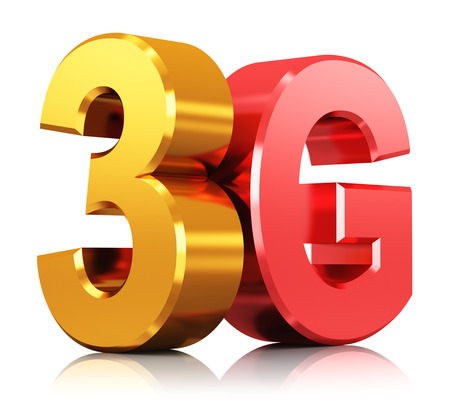 Creative abstract mobile telecommunication cellular high speed data connection business concept: red and yellow metallic 3G standard wireless communication technology icon, symbol, icon or button isolated on white background with reflection effectの写真素材
