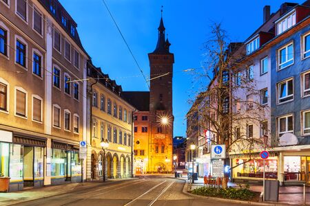 Scenic evening view of street architecture in the Old Town of Wurzburg, Bavaria, Germanyの写真素材