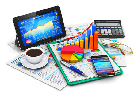 Creative abstract mobile office stock exchange market trading statistics accounting financial development and banking business concept: modern tablet computer PC and black glossy touchscreen smartphone or mobile phone with stock market application softwar