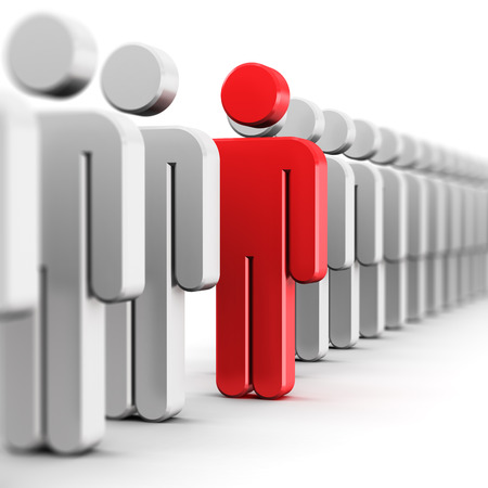 Creative abstract individuality uniqueness and leadership business concept: single red 3D people figure in row of white figures isolated on white background with selective focus effectの写真素材