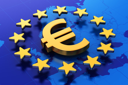 Creative abstract European Union money currency financial business commercial concept: 3D illustration of gold Euro symbol or golden sign in circle of stars over blue map of Europeの写真素材