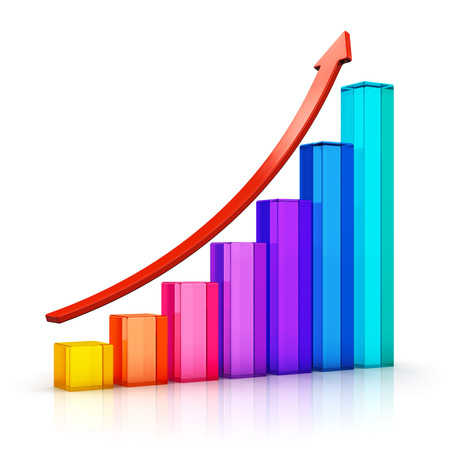 Creative abstract business success, financial growth and development concept: color growing transparent glass bar chart with red rising arrow isolated on white background with reflection effectの写真素材
