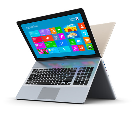 Creative abstract mobility PC computer web technology and internet communication concept: two modern aluminum business transformer laptops or metal silver office notebooks with color screen interface with application icons and app buttons forming letter Xの写真素材