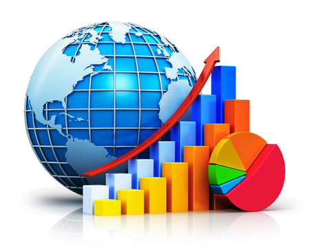 Creative abstract global business communication success, worldwide financial growth and development concept: color growing bar graphs with red rising arrow, colorful pie chart and blue Earth globe sphere with world map isolated on white background with re