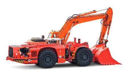 Building, roadworks and construction industry equipment concept: big heavy orange industrial hydraulic wheel excavator or bulldozer isolated on white backgroundの写真素材
