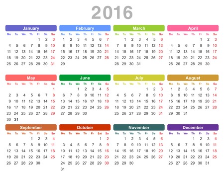 Color vector illustration of 2016 year annual calendar Monday first, English isolated on white backgroundのイラスト素材