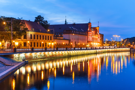 Scenic summer night view of the Old Town illuminated pier architecture in Wroclaw, Polandの写真素材