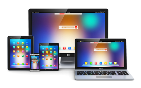 Creative abstract computer technology, mobility and communication business concept: laptop, notebook or netbook PC, mini tablet computer, touchscreen smartphone and desktop monitor display screen TV isolated on white backgroundの写真素材